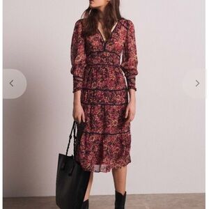 ba&sh Burgundy and Black Floral Tiered Midi Dress